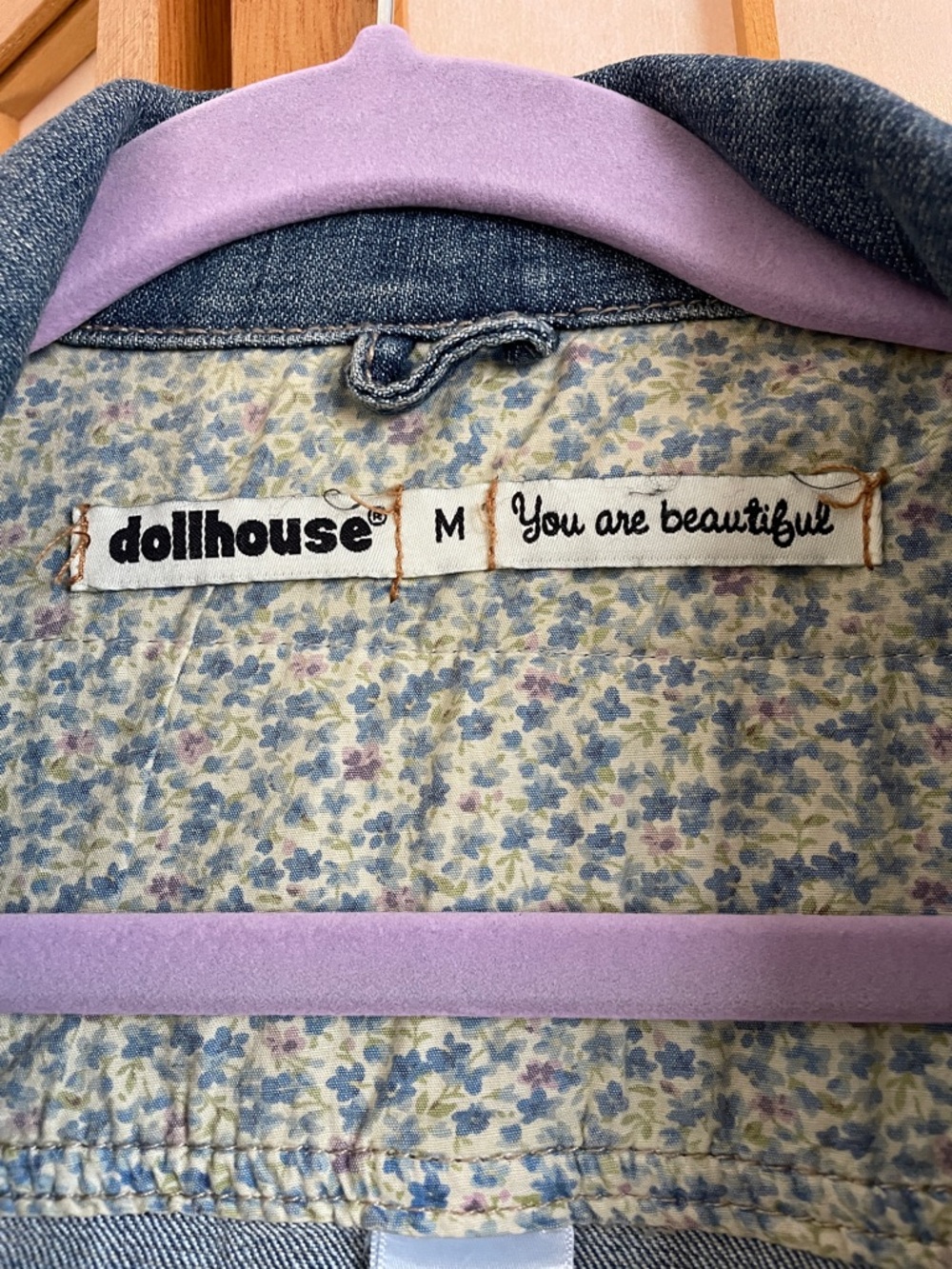Upcycled Dollhouse Cropped Distressed Denim Jacket with Bird Hmong embroidery M - Picture 2 of 15